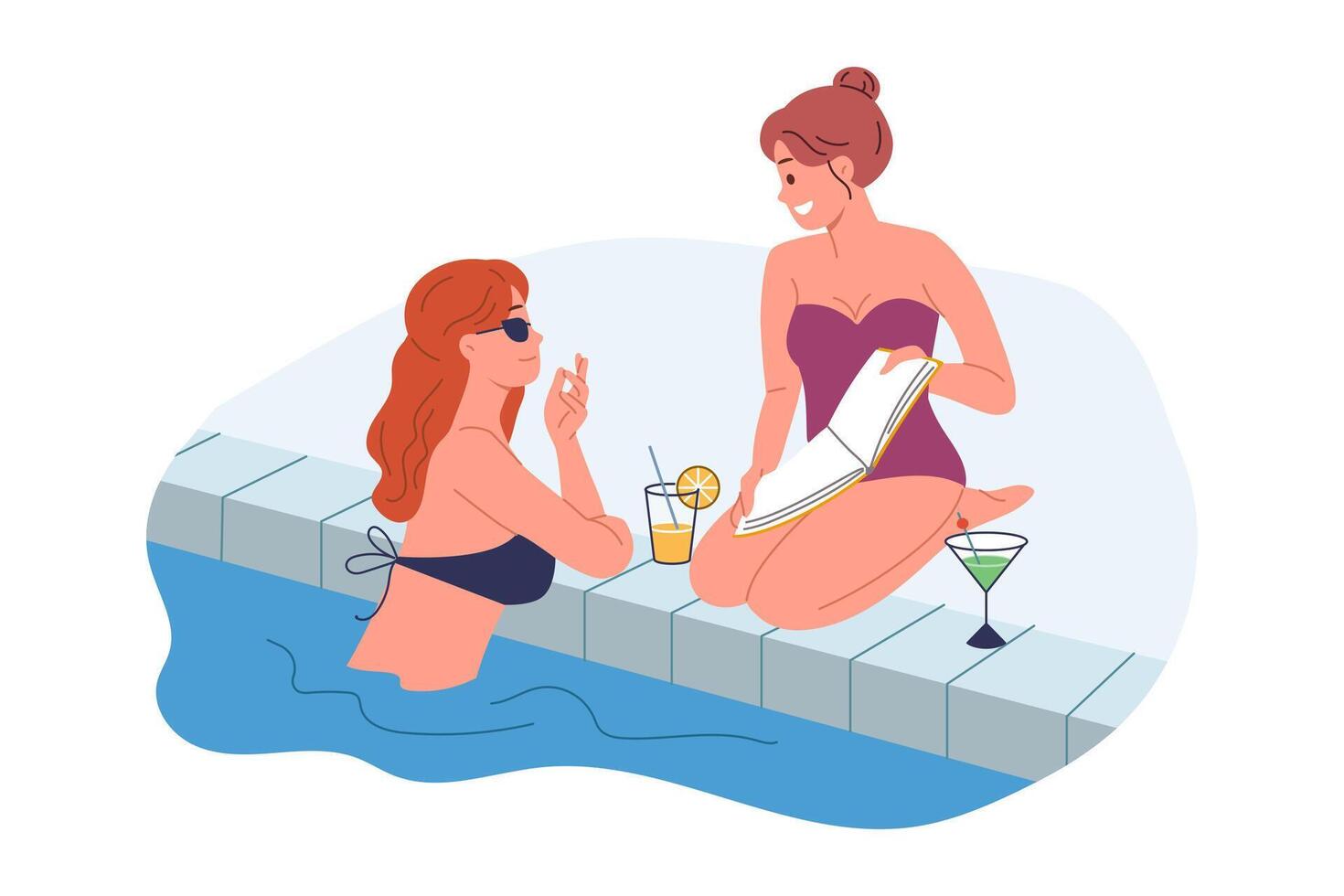 Woman swims in pool and drinks cocktail and talking to sunbathing friend sitting on dry land vector