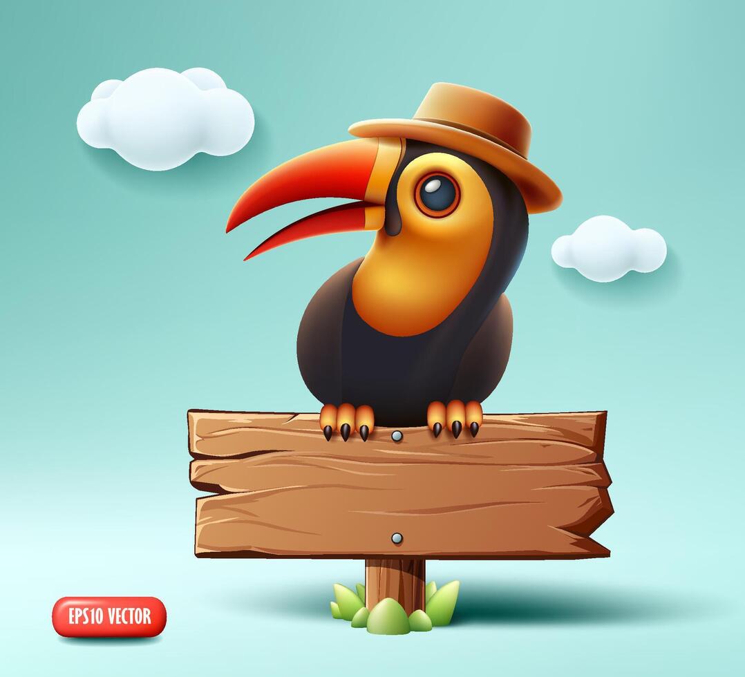 Hornbill sits on a wooden sign empty, and tropical green leaf realistic design, on blue background vector