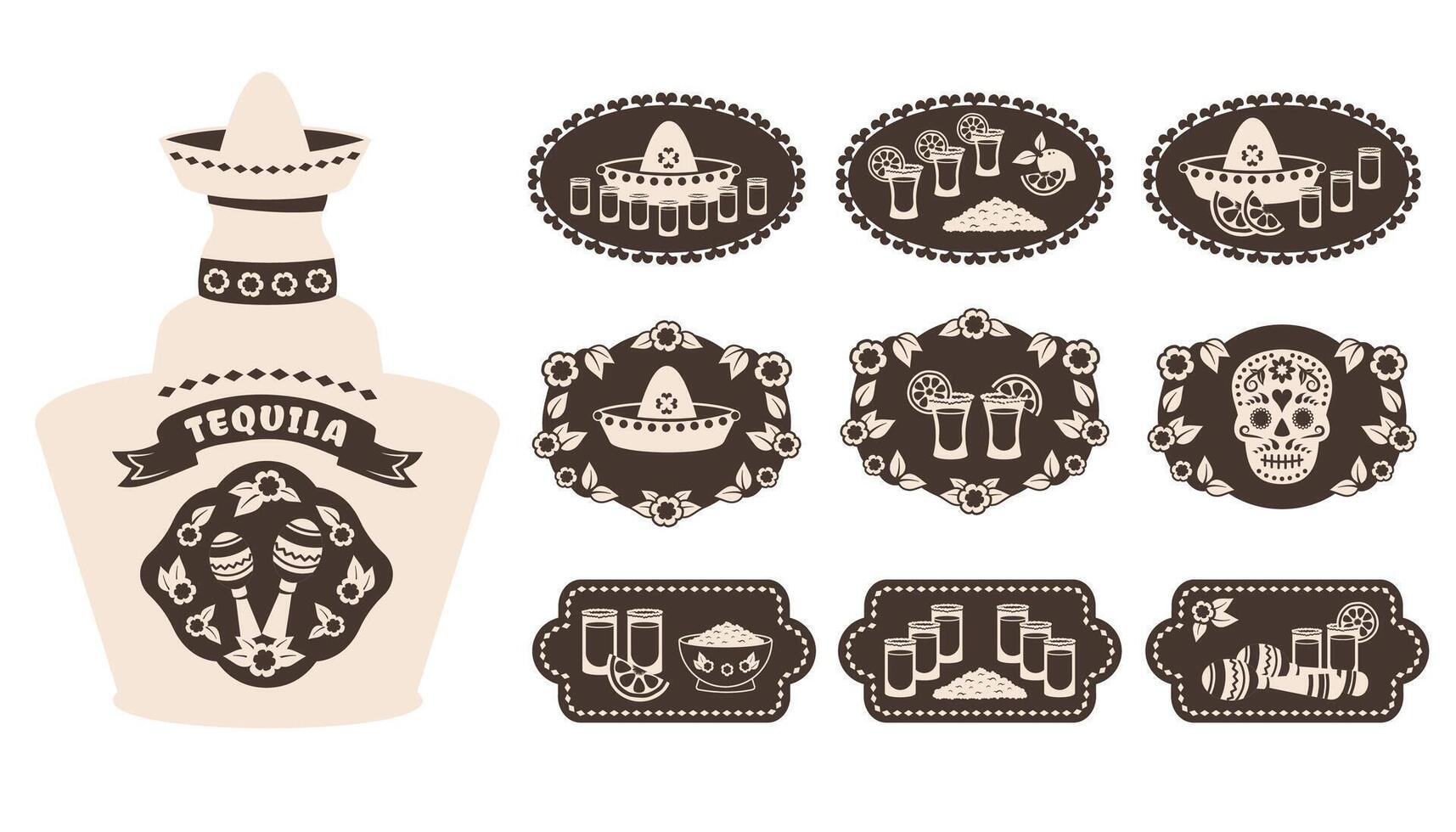 Tequila label set. Vintage stickers with maracas, skull, glasses, hat. Tequila bottle template. Vintage stickers with Mexican national elements. Tequila shots. Alcoholic beverages. vector