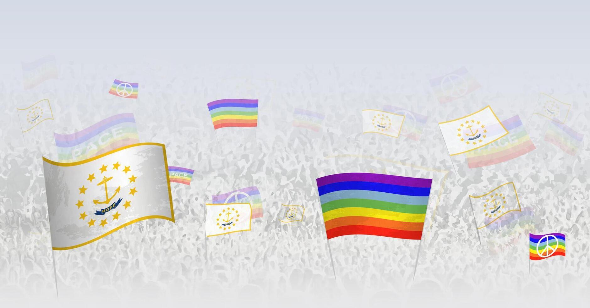 People waving Peace flags and flags of Rhode Island. Illustration of throng celebrating or protesting with flag of Rhode Island and the peace flag. vector
