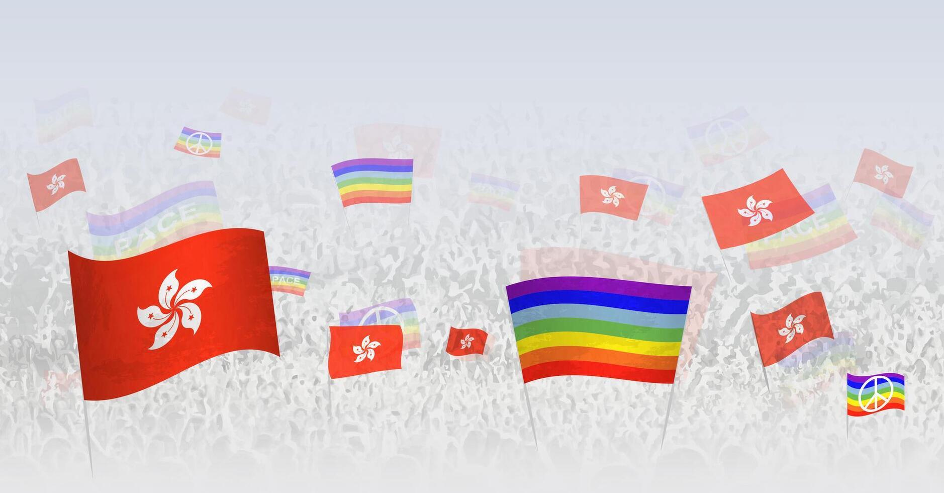 People waving Peace flags and flags of Hong Kong. Illustration of throng celebrating or protesting with flag of Hong Kong and the peace flag. vector