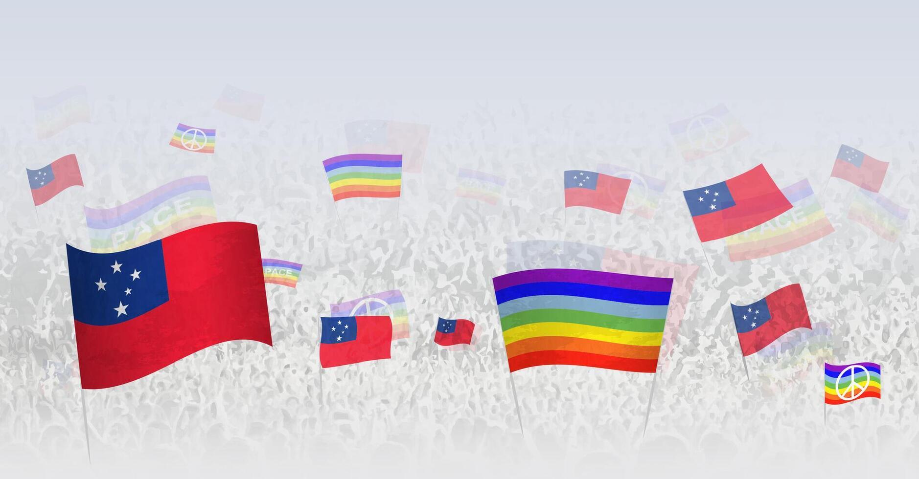 People waving Peace flags and flags of Samoa. Illustration of throng celebrating or protesting with flag of Samoa and the peace flag. vector