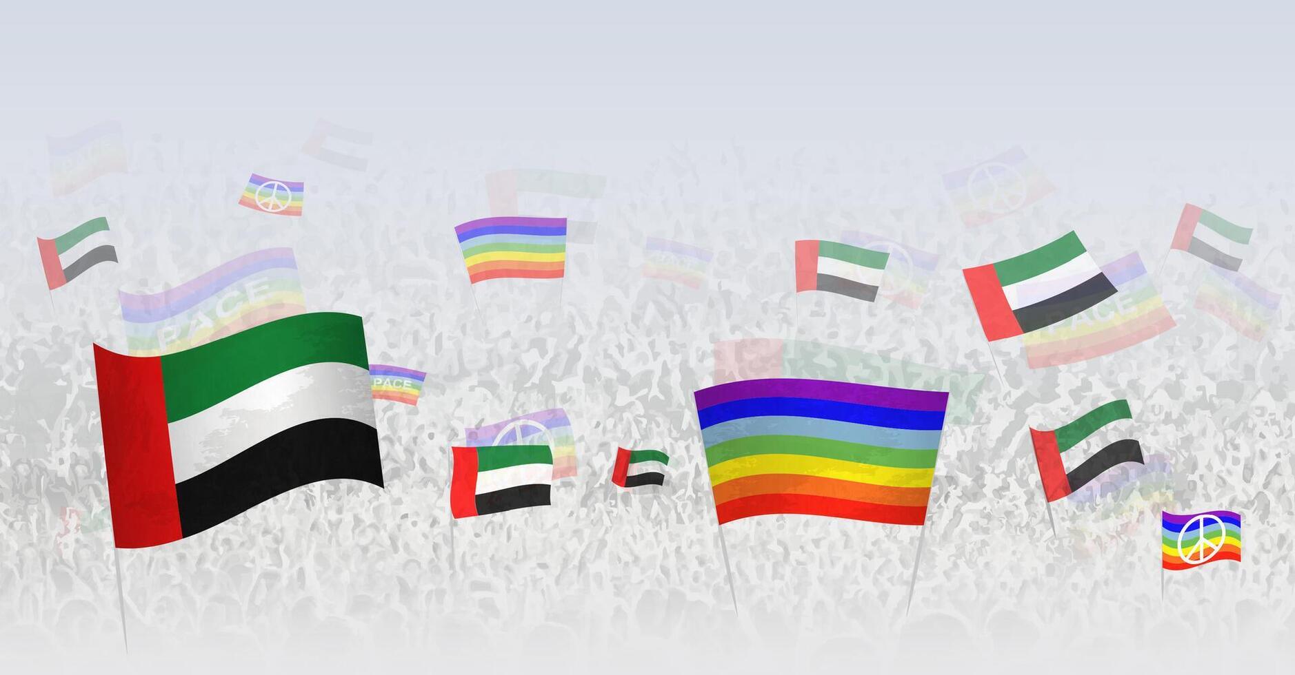 People waving Peace flags and flags of United Arab Emirates. Illustration of throng celebrating or protesting with flag of United Arab Emirates and the peace flag. vector