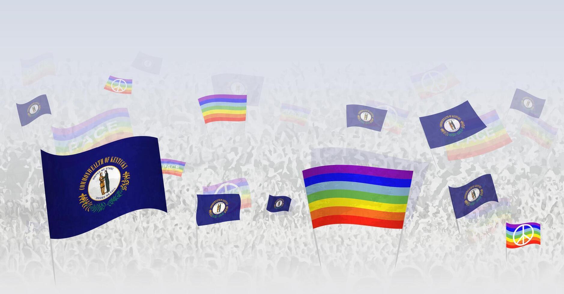 People waving Peace flags and flags of Kentucky. Illustration of throng celebrating or protesting with flag of Kentucky and the peace flag. vector