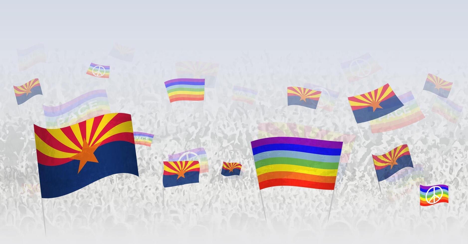 People waving Peace flags and flags of Arizona. Illustration of throng celebrating or protesting with flag of Arizona and the peace flag. vector