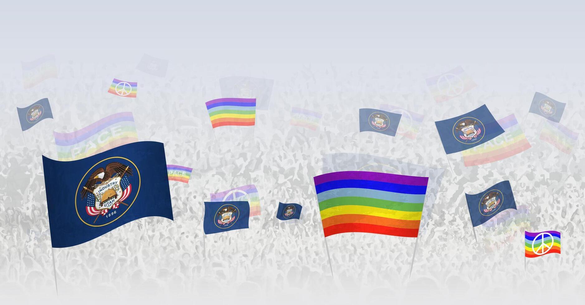 People waving Peace flags and flags of Utah. Illustration of throng celebrating or protesting with flag of Utah and the peace flag. vector