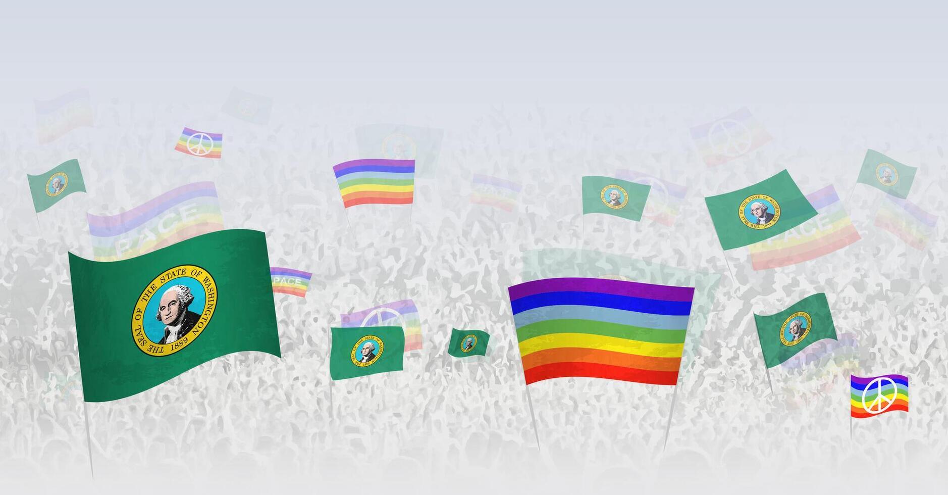 People waving Peace flags and flags of Washington. Illustration of throng celebrating or protesting with flag of Washington and the peace flag. vector