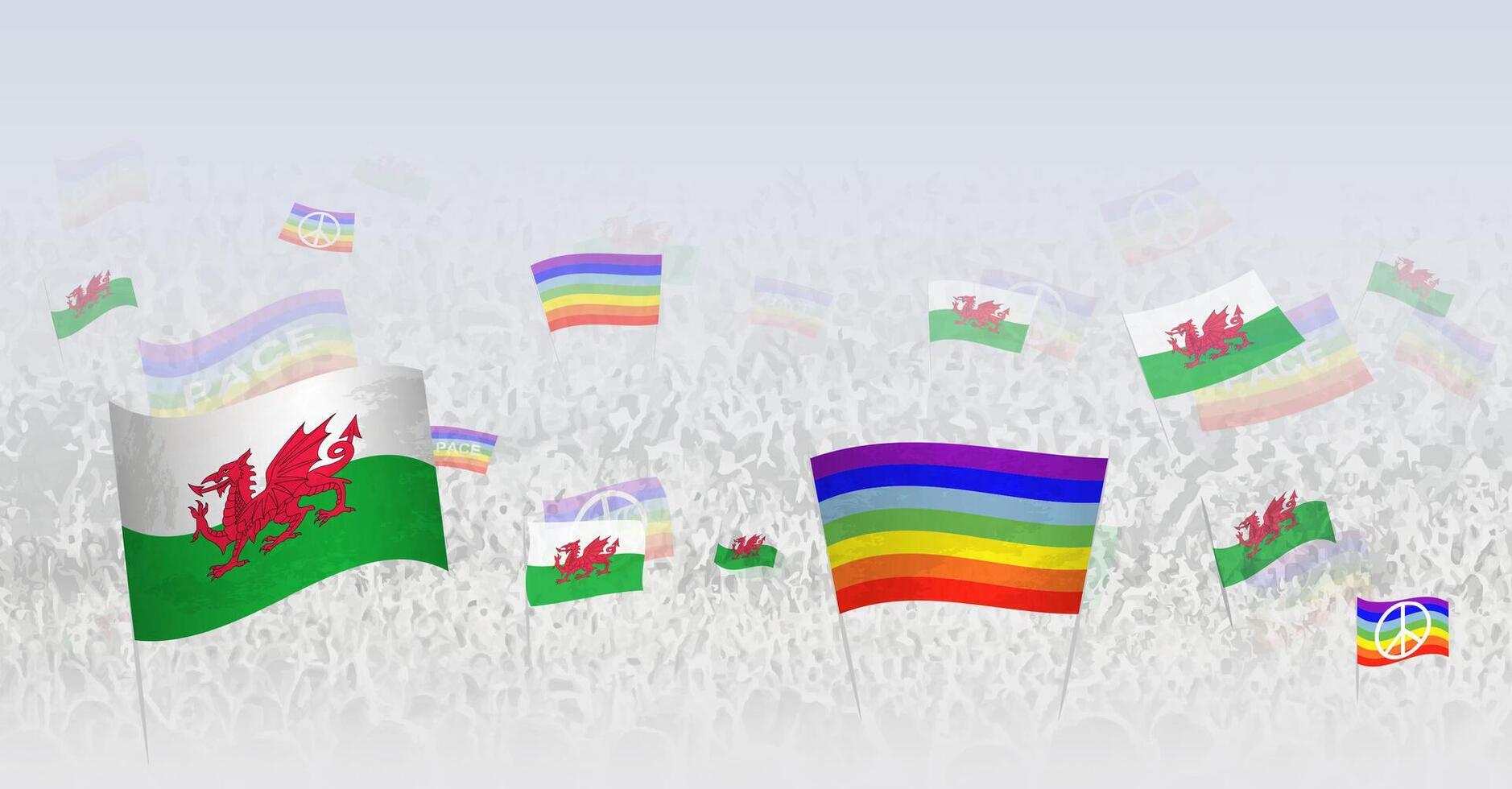 People waving Peace flags and flags of Wales. Illustration of throng celebrating or protesting with flag of Wales and the peace flag. vector