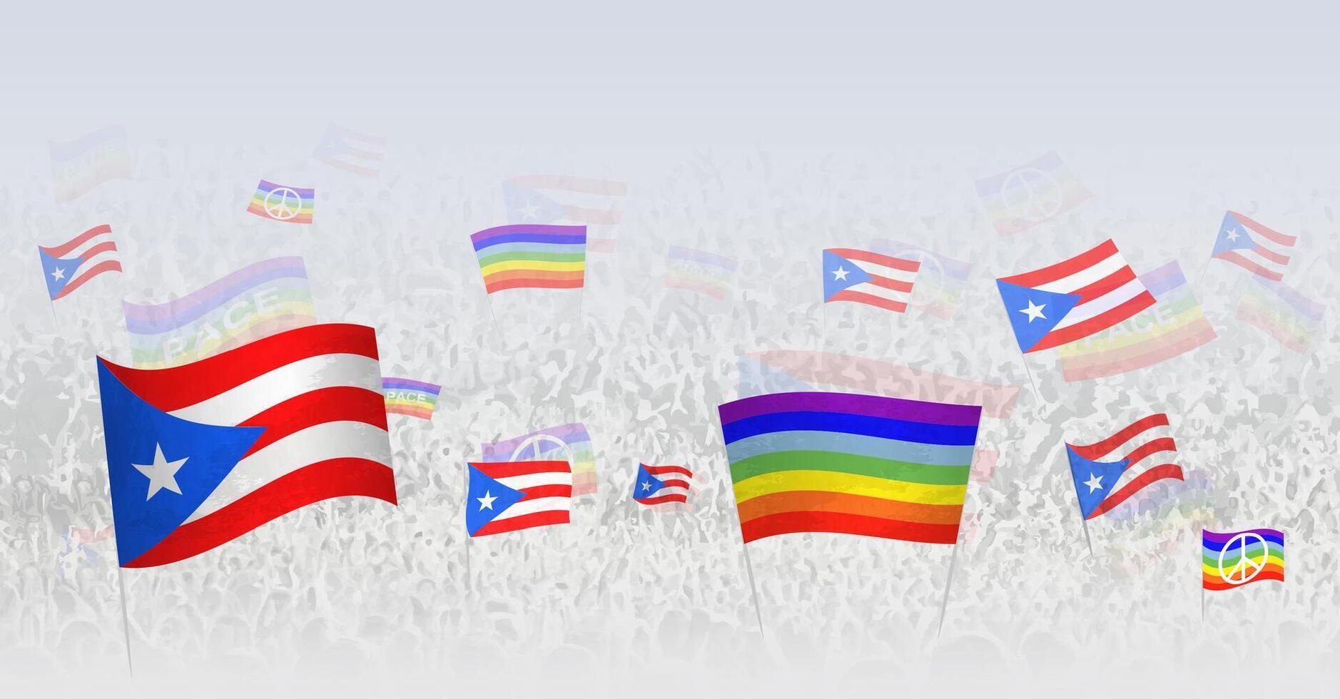 People waving Peace flags and flags of Puerto Rico. Illustration of throng celebrating or protesting with flag of Puerto Rico and the peace flag. vector
