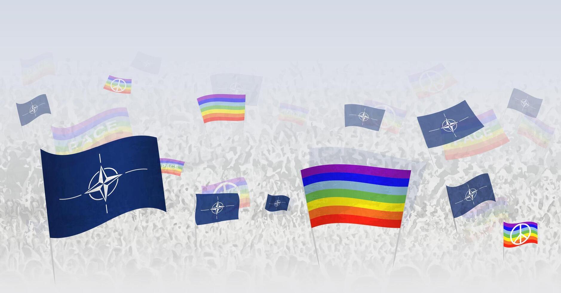 People waving Peace flags and flags of Nato. Illustration of throng celebrating or protesting with flag of Nato and the peace flag. vector
