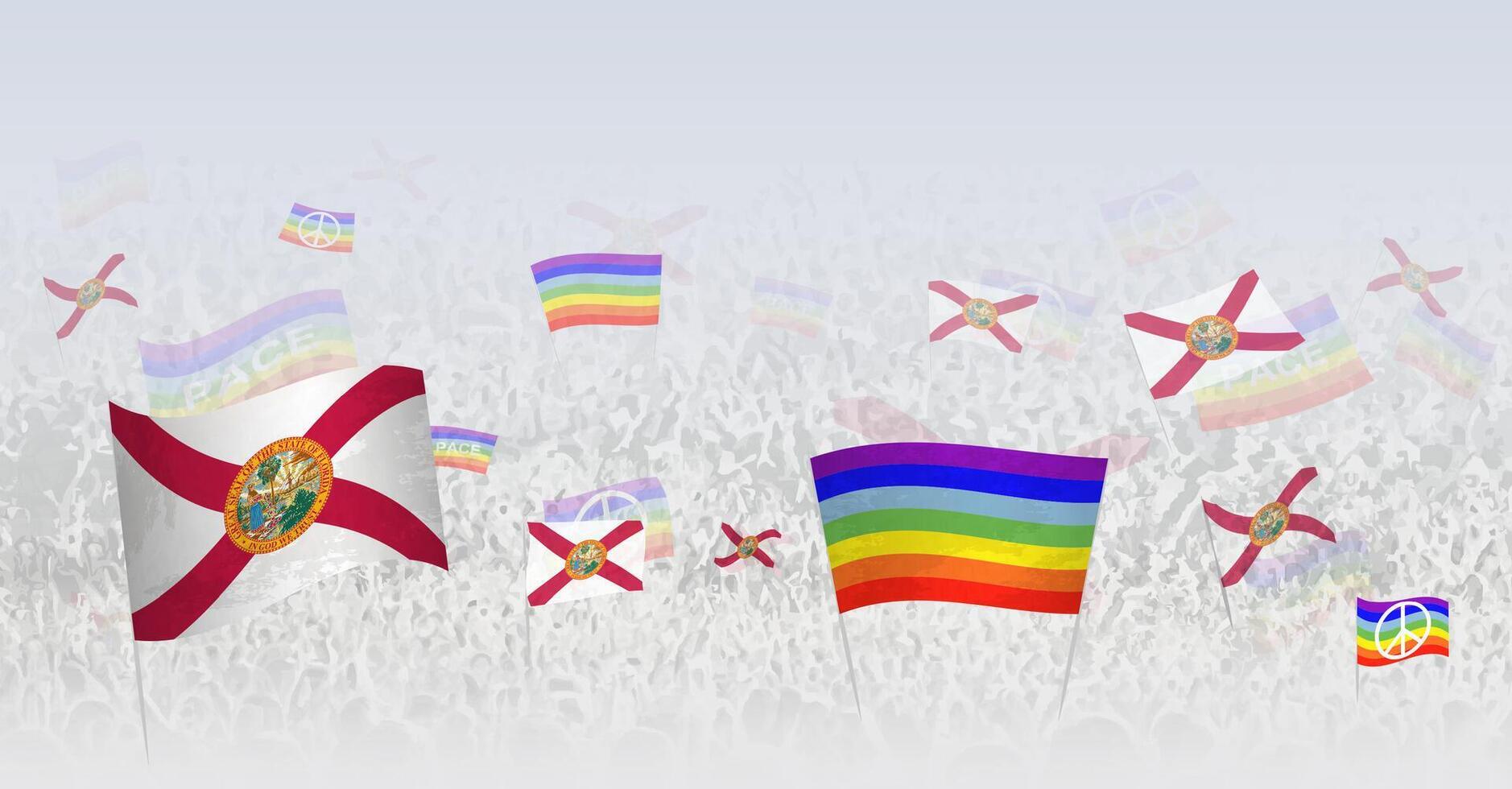 People waving Peace flags and flags of Florida. Illustration of throng celebrating or protesting with flag of Florida and the peace flag. vector