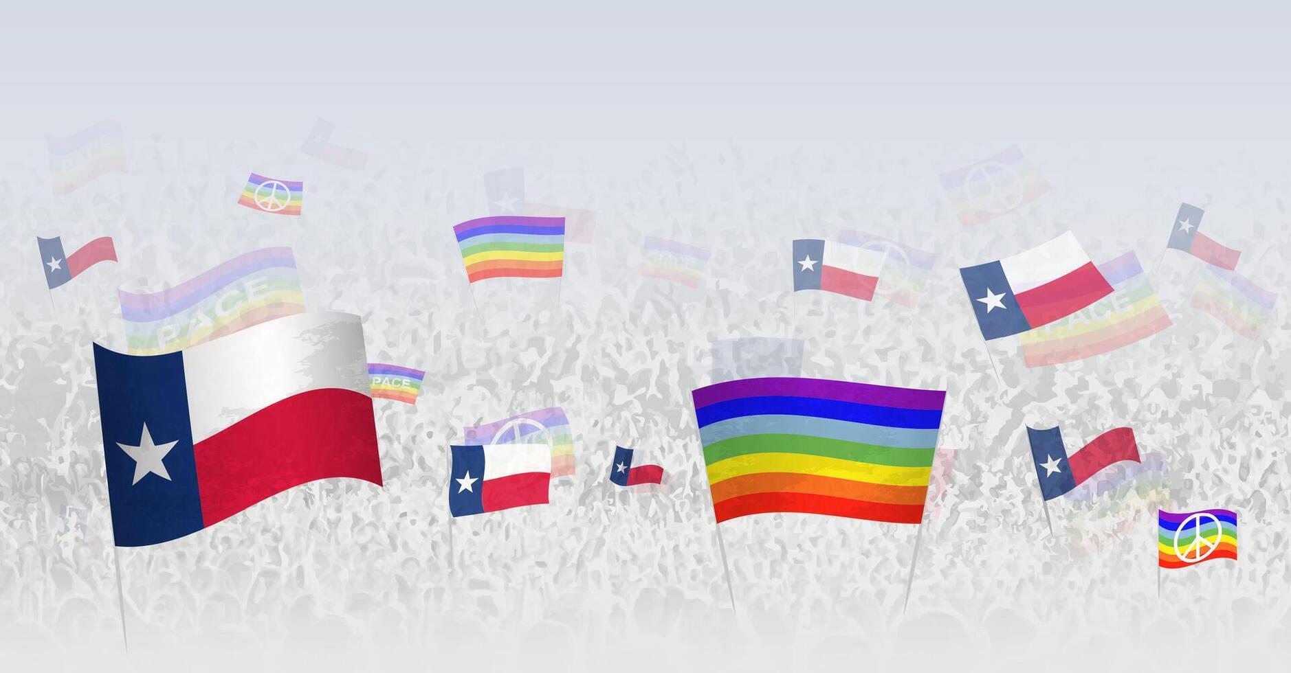 People waving Peace flags and flags of Texas. Illustration of throng celebrating or protesting with flag of Texas and the peace flag. vector