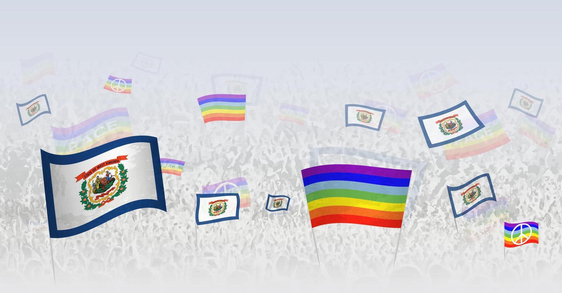 People waving Peace flags and flags of West Virginia. Illustration of throng celebrating or protesting with flag of West Virginia and the peace flag. vector