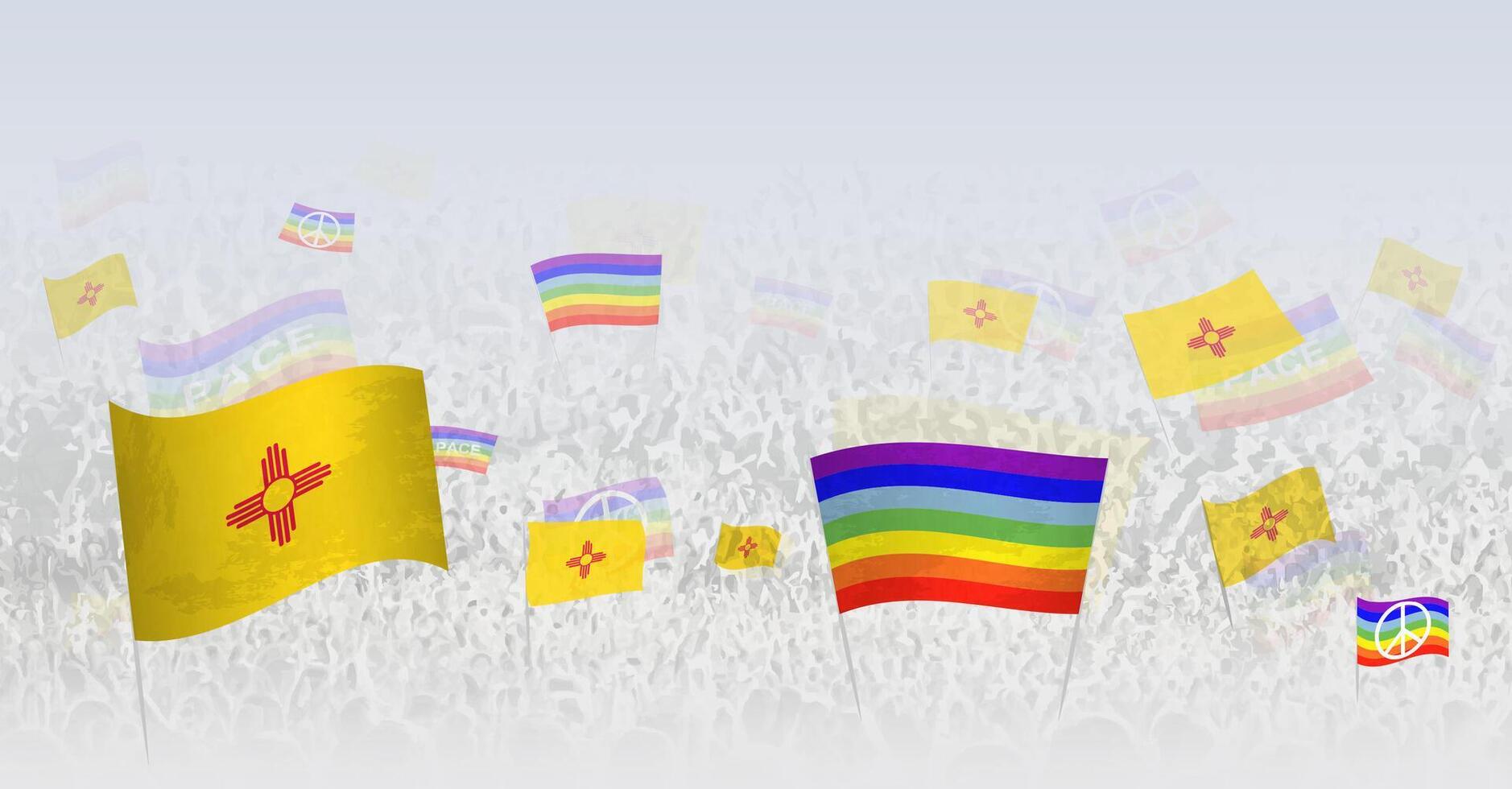 People waving Peace flags and flags of New Mexico. Illustration of throng celebrating or protesting with flag of New Mexico and the peace flag. vector