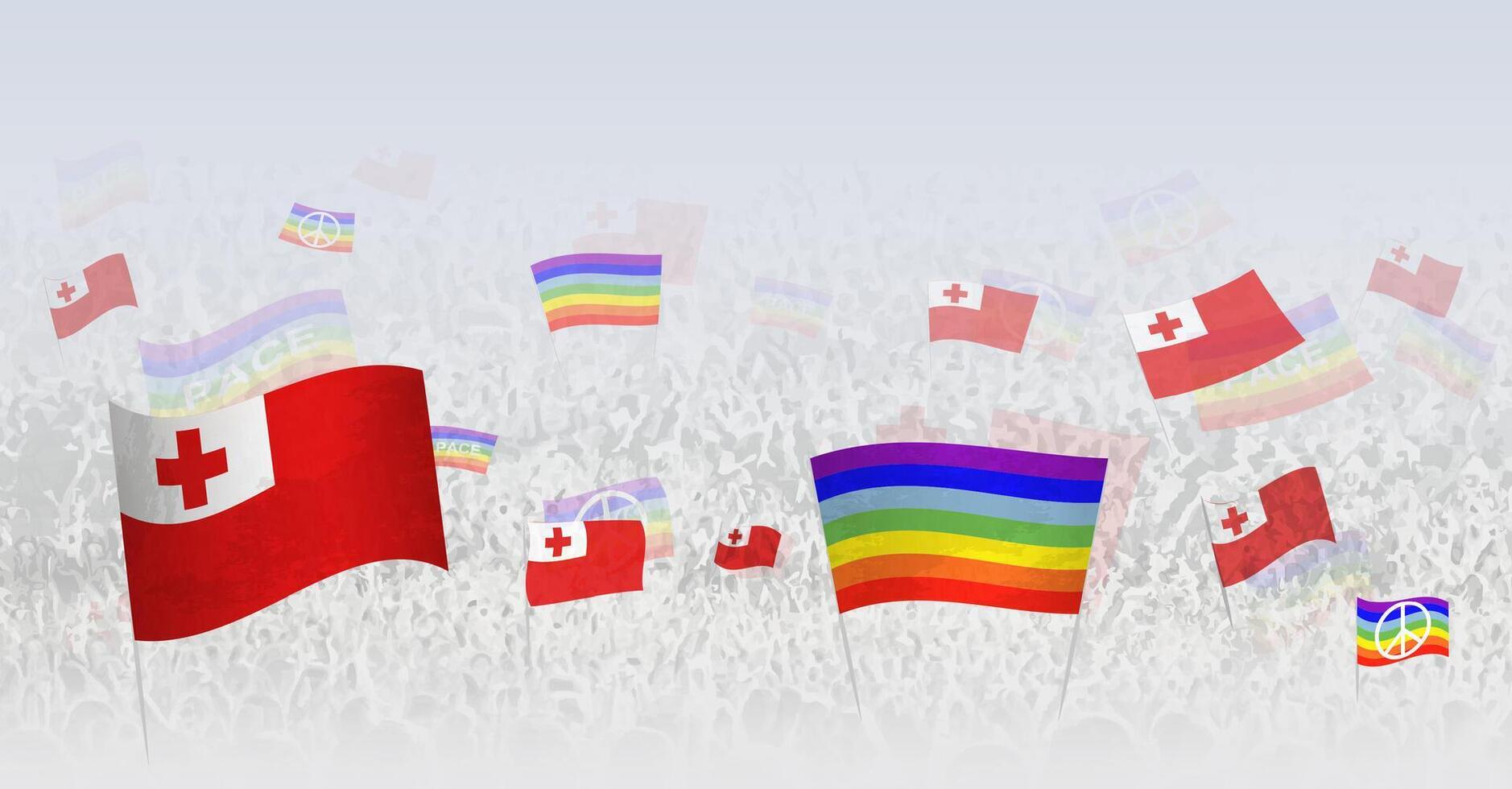 People waving Peace flags and flags of Tonga. Illustration of throng celebrating or protesting with flag of Tonga and the peace flag. vector