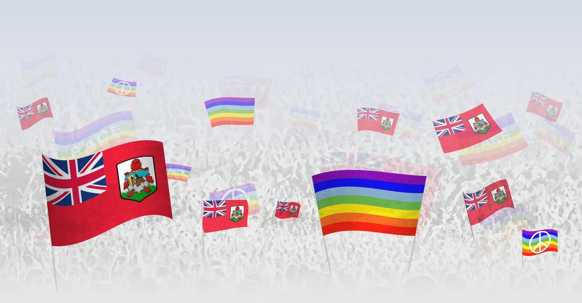 People waving Peace flags and flags of Bermuda. Illustration of throng celebrating or protesting with flag of Bermuda and the peace flag. vector