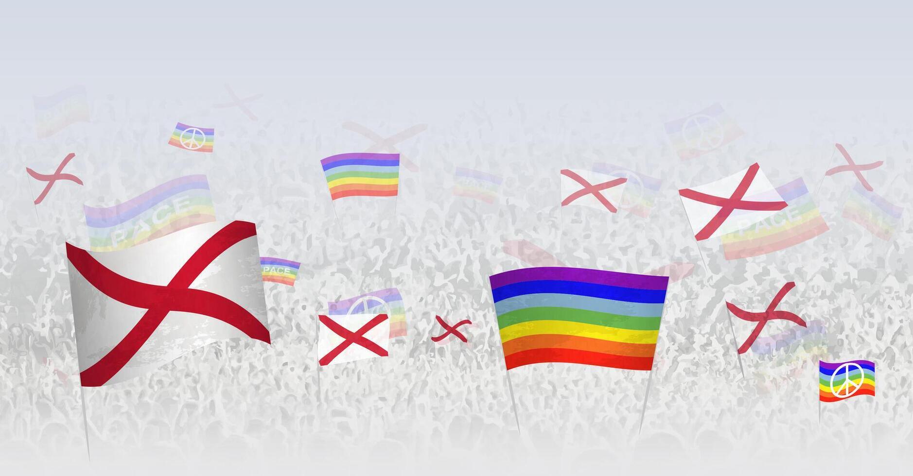 People waving Peace flags and flags of Alabama. Illustration of throng celebrating or protesting with flag of Alabama and the peace flag. vector