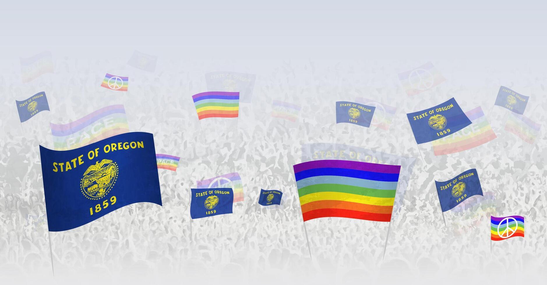 People waving Peace flags and flags of Oregon. Illustration of throng celebrating or protesting with flag of Oregon and the peace flag. vector