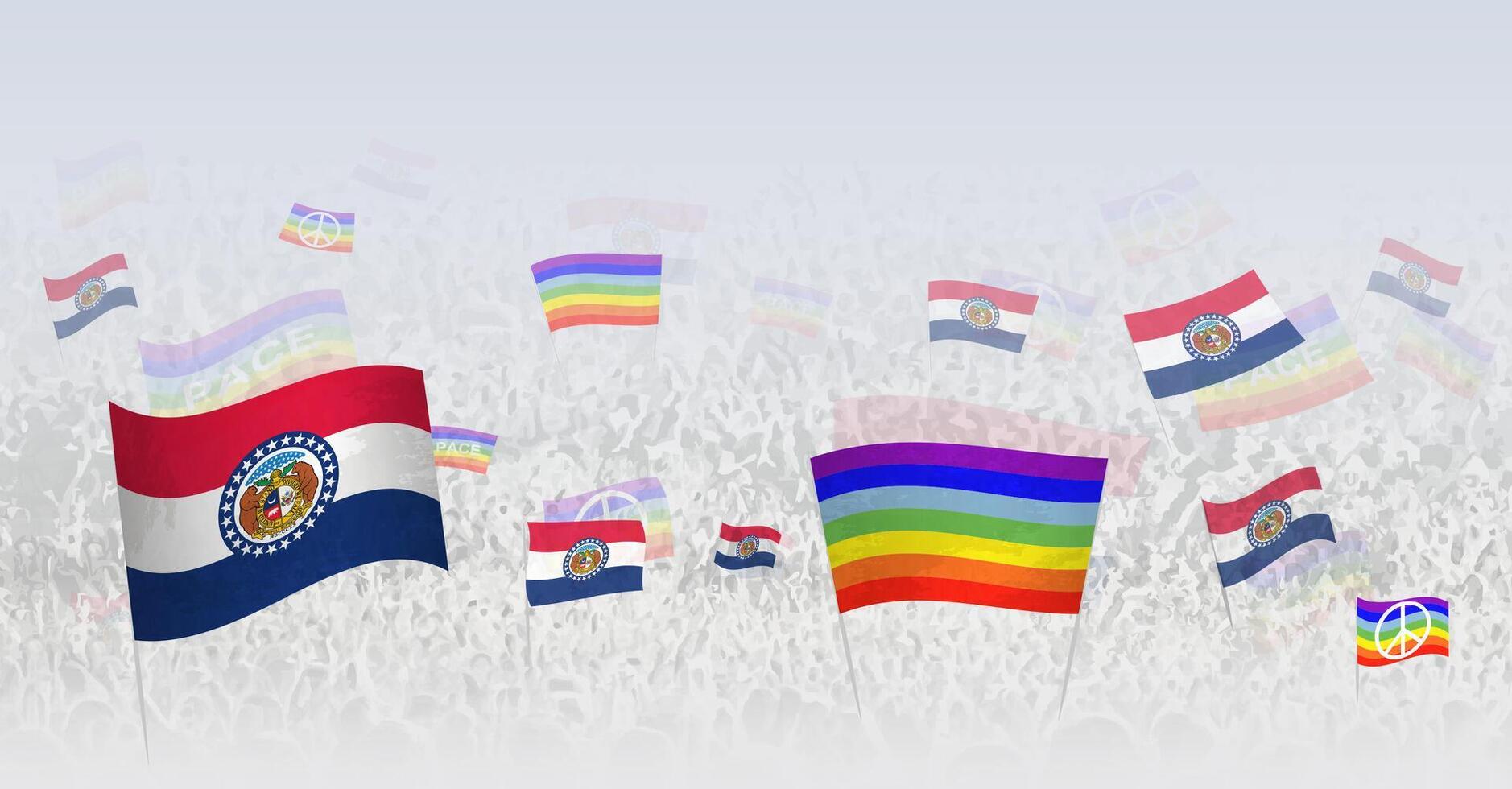 People waving Peace flags and flags of Missouri. Illustration of throng celebrating or protesting with flag of Missouri and the peace flag. vector