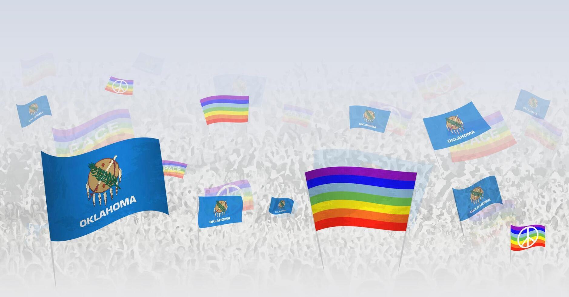People waving Peace flags and flags of Oklahoma. Illustration of throng celebrating or protesting with flag of Oklahoma and the peace flag. vector