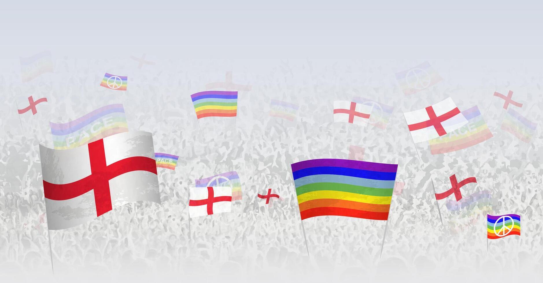 People waving Peace flags and flags of England. Illustration of throng celebrating or protesting with flag of England and the peace flag. vector