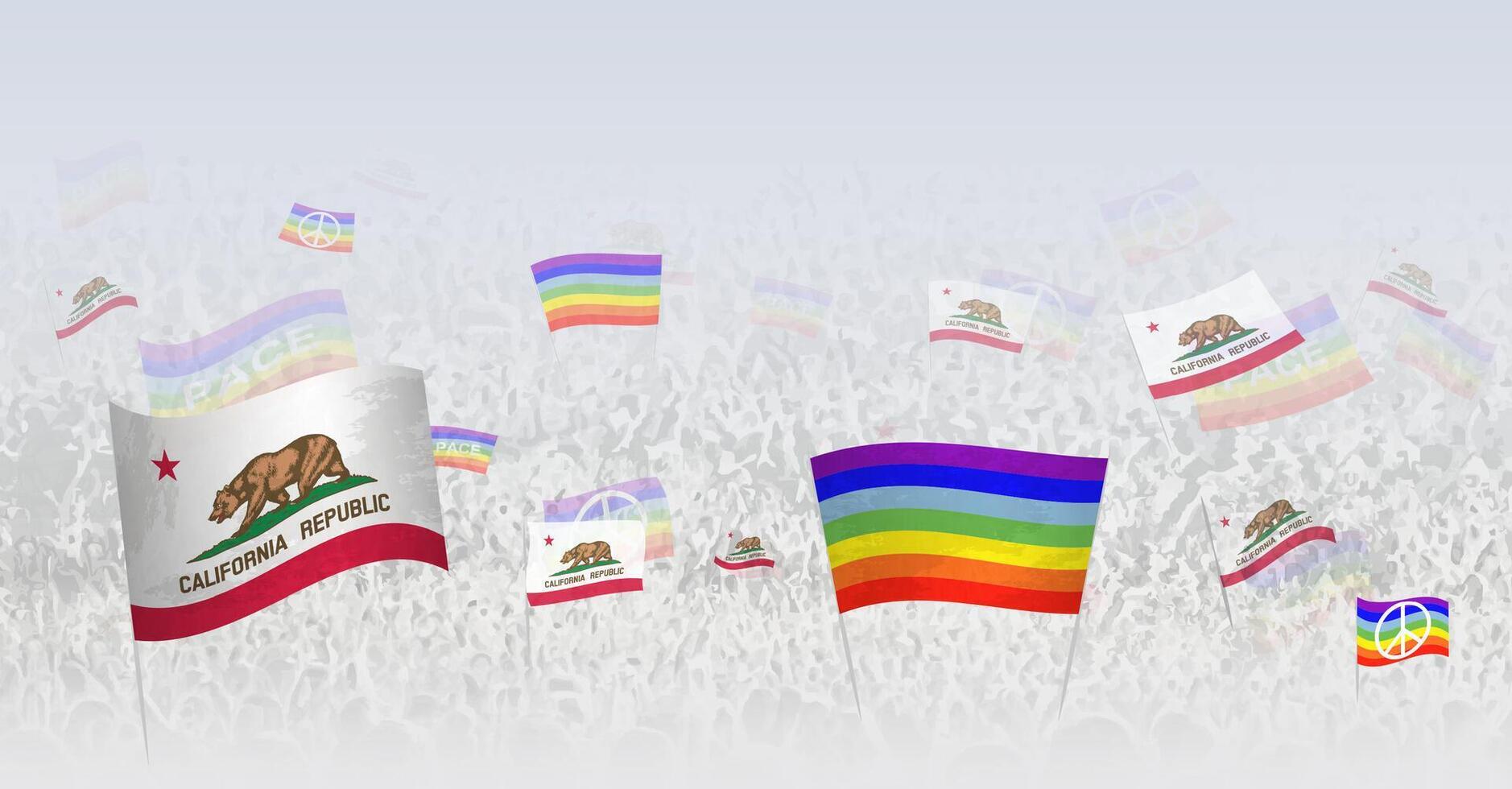 People waving Peace flags and flags of California. Illustration of throng celebrating or protesting with flag of California and the peace flag. vector