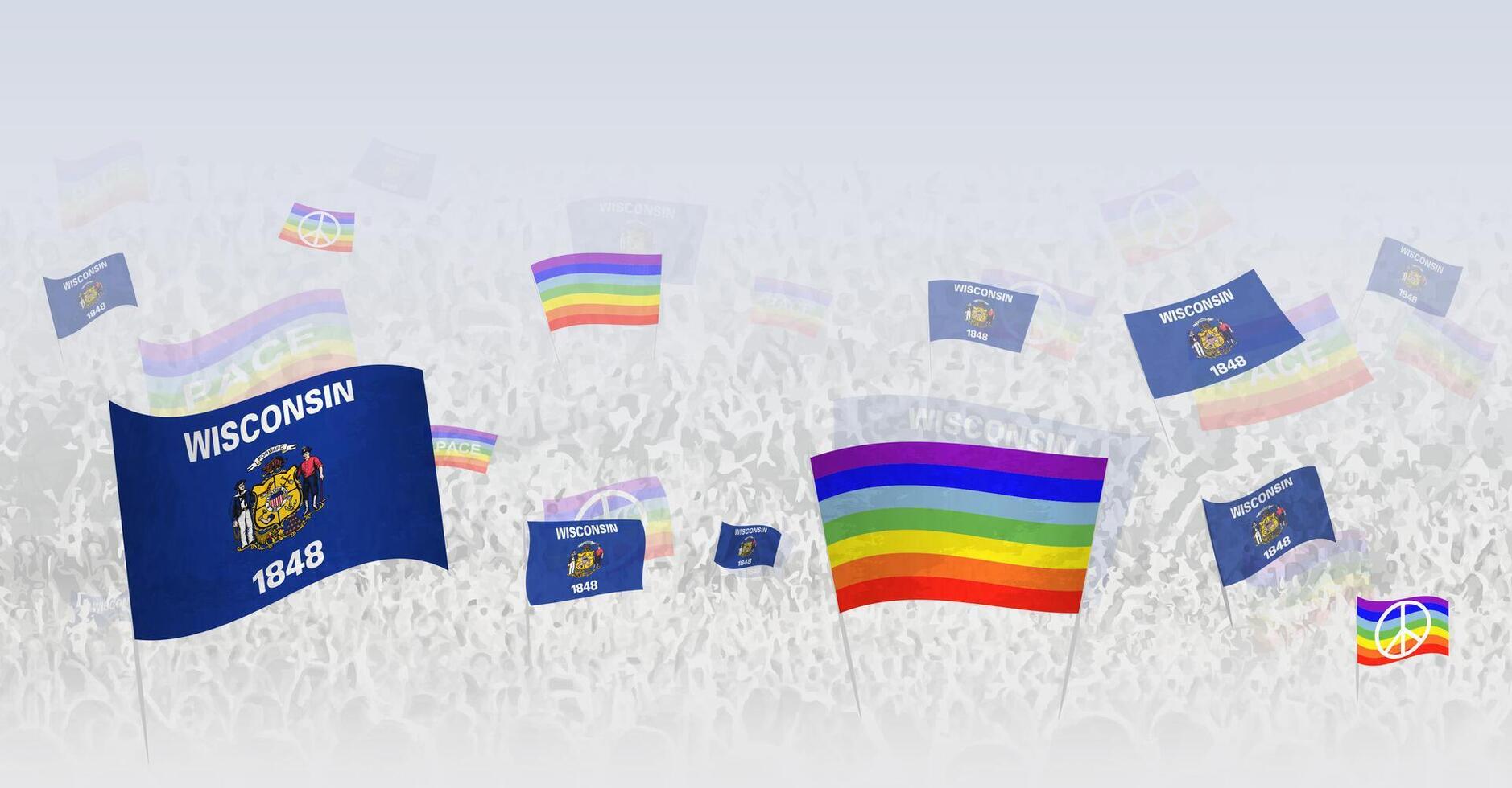 People waving Peace flags and flags of Wisconsin. Illustration of throng celebrating or protesting with flag of Wisconsin and the peace flag. vector