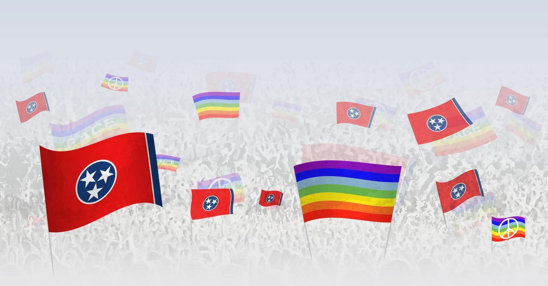People waving Peace flags and flags of Tennessee. Illustration of throng celebrating or protesting with flag of Tennessee and the peace flag. vector