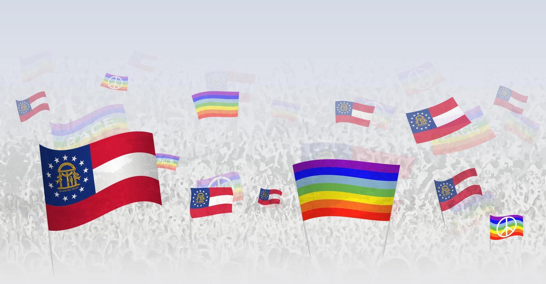 People waving Peace flags and flags of Georgia. Illustration of throng celebrating or protesting with flag of Georgia and the peace flag. vector