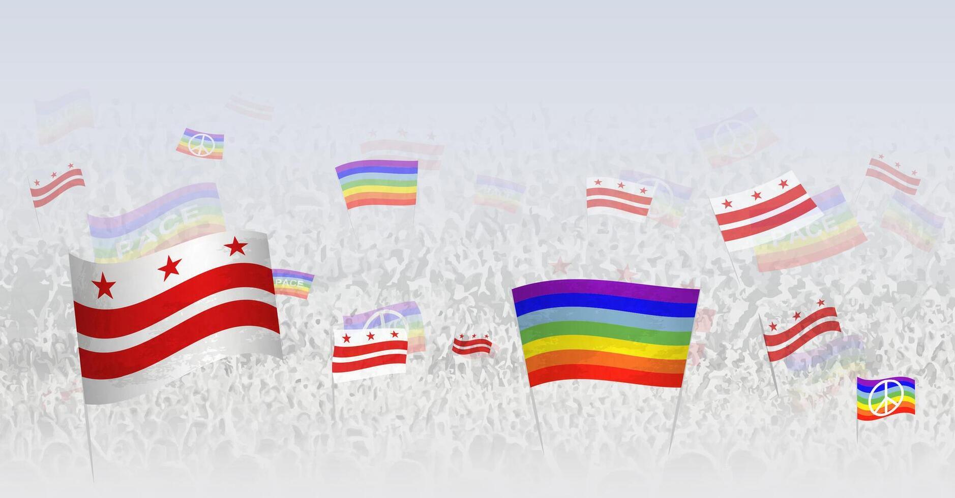 People waving Peace flags and flags of District of Columbia. Illustration of throng celebrating or protesting with flag of District of Columbia and the peace flag. vector