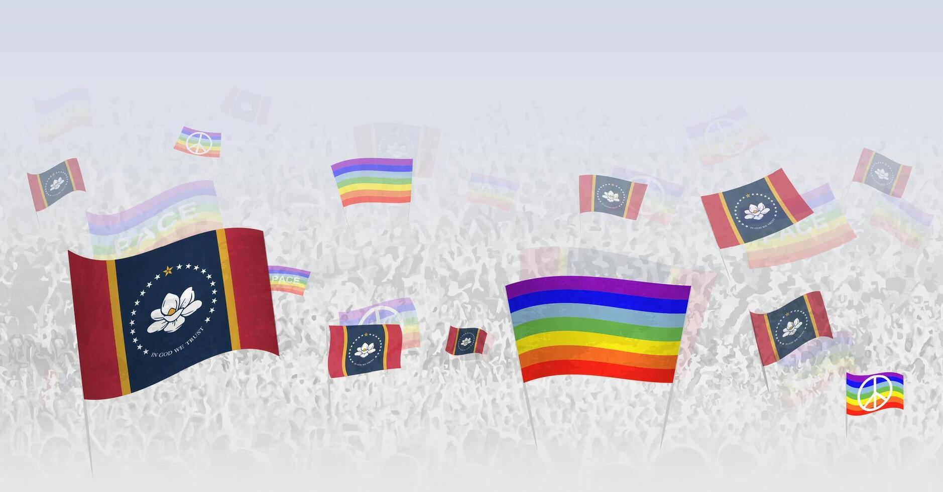 People waving Peace flags and flags of Mississippi. Illustration of throng celebrating or protesting with flag of Mississippi and the peace flag. vector