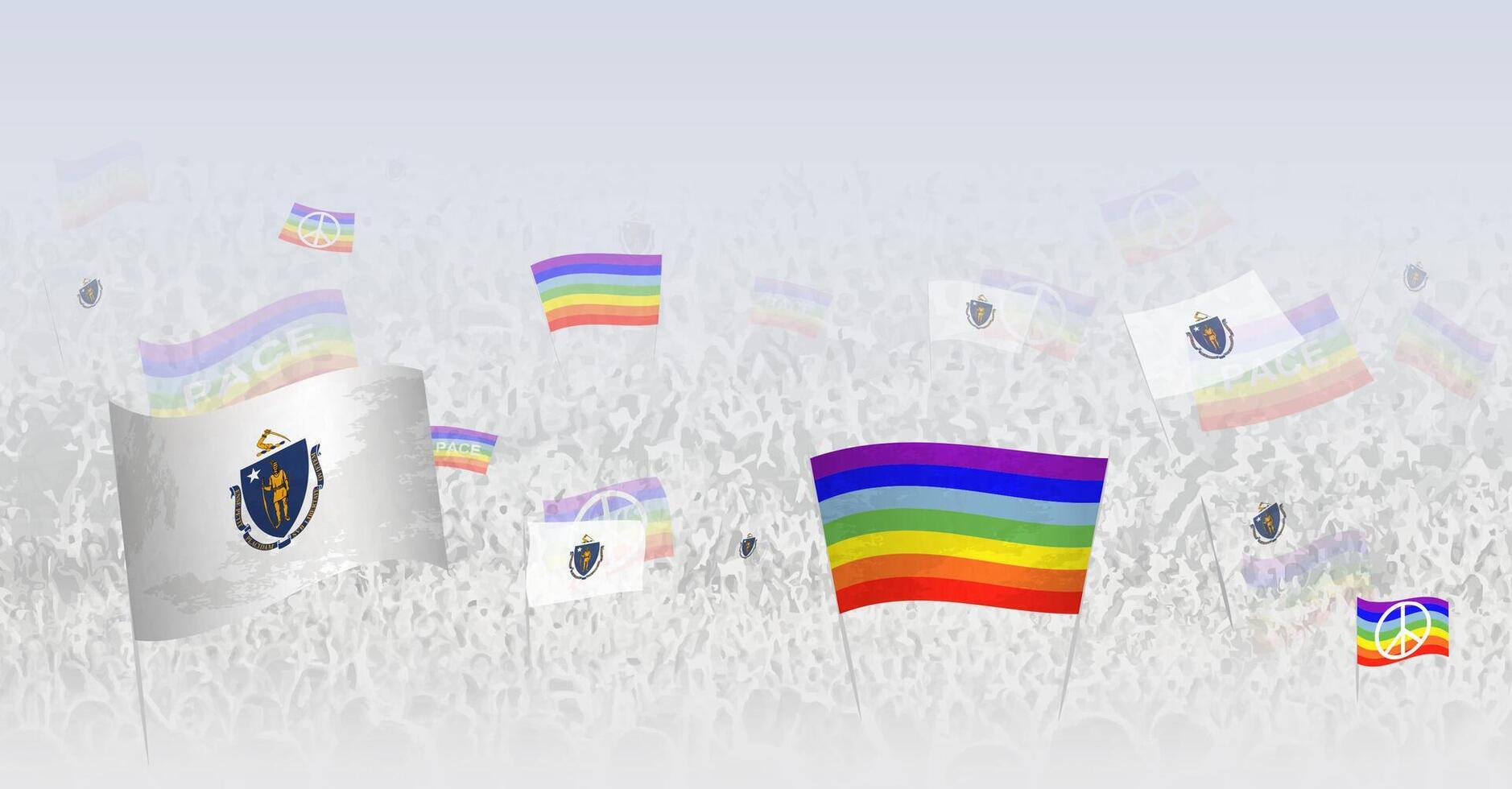 People waving Peace flags and flags of Massachusetts. Illustration of throng celebrating or protesting with flag of Massachusetts and the peace flag. vector