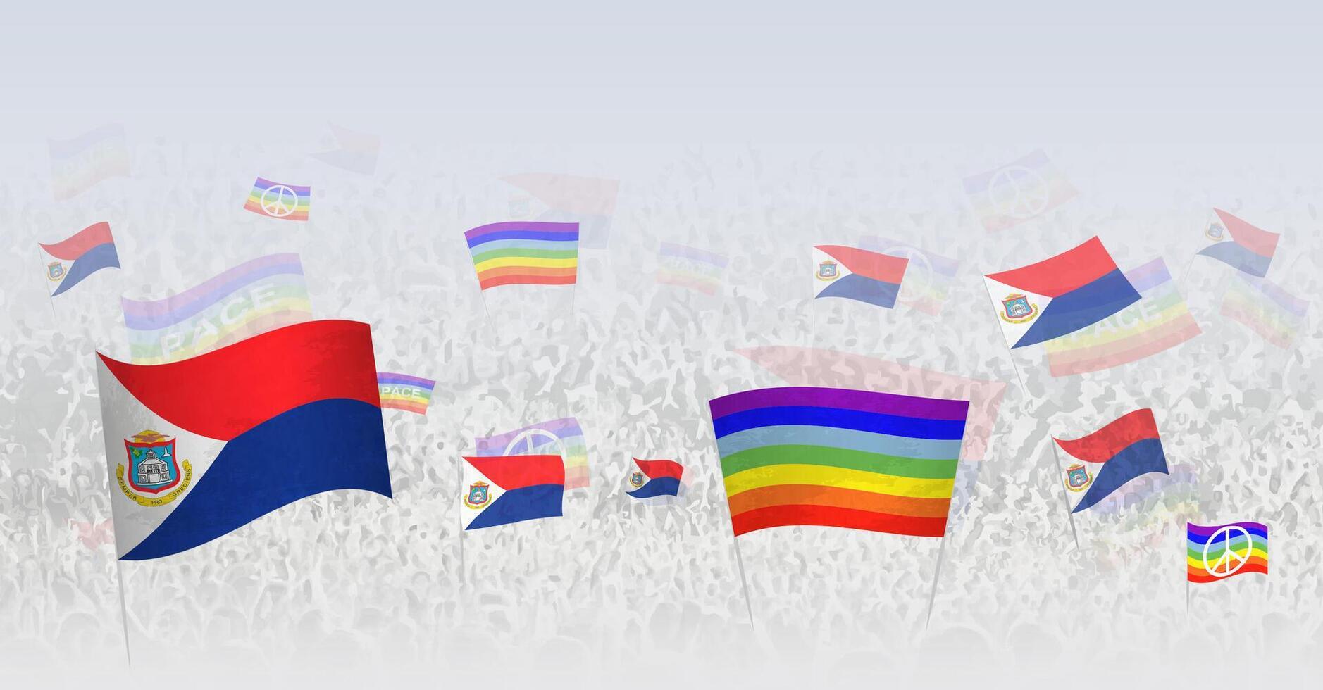 People waving Peace flags and flags of Sint Maarten. Illustration of throng celebrating or protesting with flag of Sint Maarten and the peace flag. vector