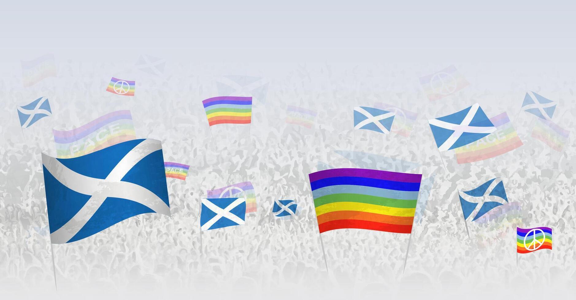 People waving Peace flags and flags of Scotland. Illustration of throng celebrating or protesting with flag of Scotland and the peace flag. vector