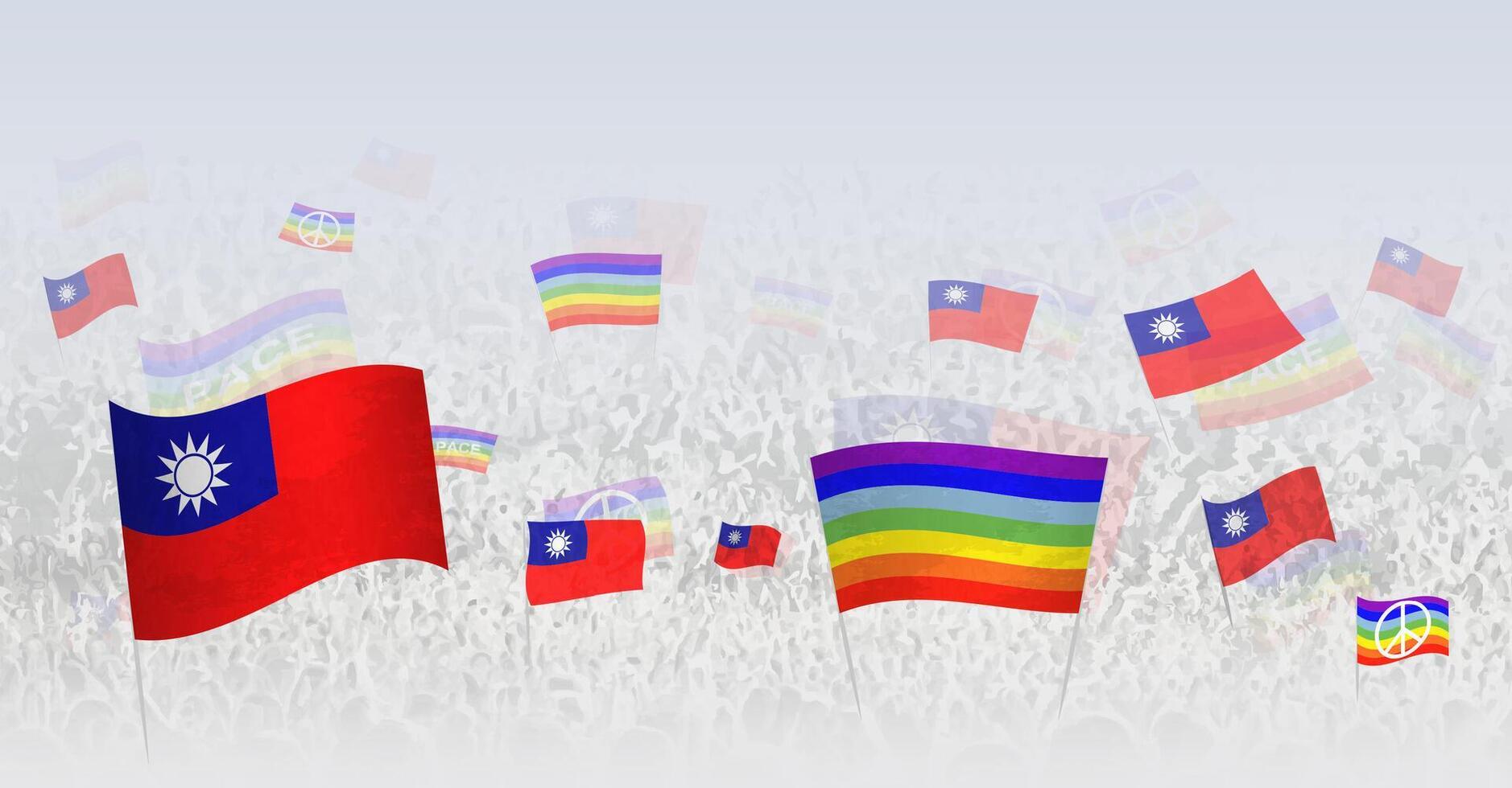 People waving Peace flags and flags of Taiwan. Illustration of throng celebrating or protesting with flag of Taiwan and the peace flag. vector