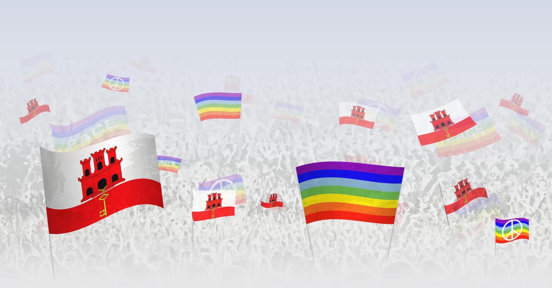 People waving Peace flags and flags of Gibraltar. Illustration of throng celebrating or protesting with flag of Gibraltar and the peace flag. vector