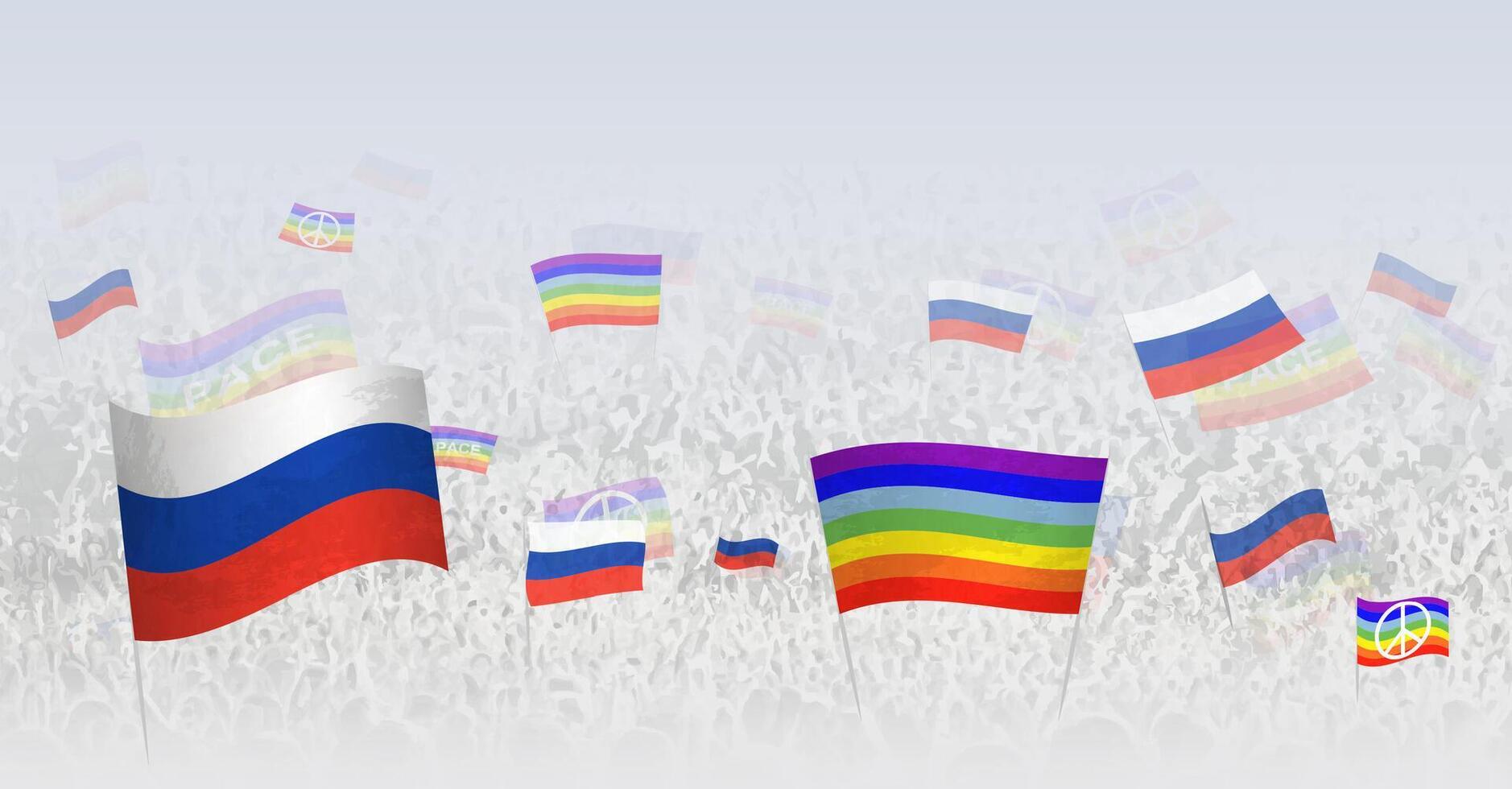 People waving Peace flags and flags of Russia. Illustration of throng celebrating or protesting with flag of Russia and the peace flag. vector