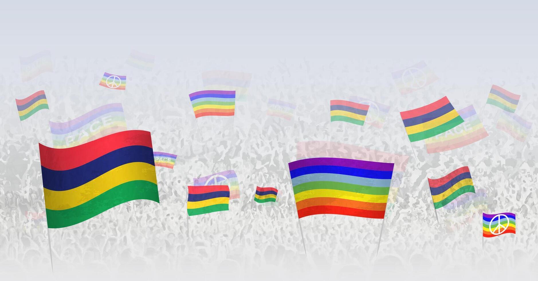 People waving Peace flags and flags of Mauritius. Illustration of throng celebrating or protesting with flag of Mauritius and the peace flag. vector