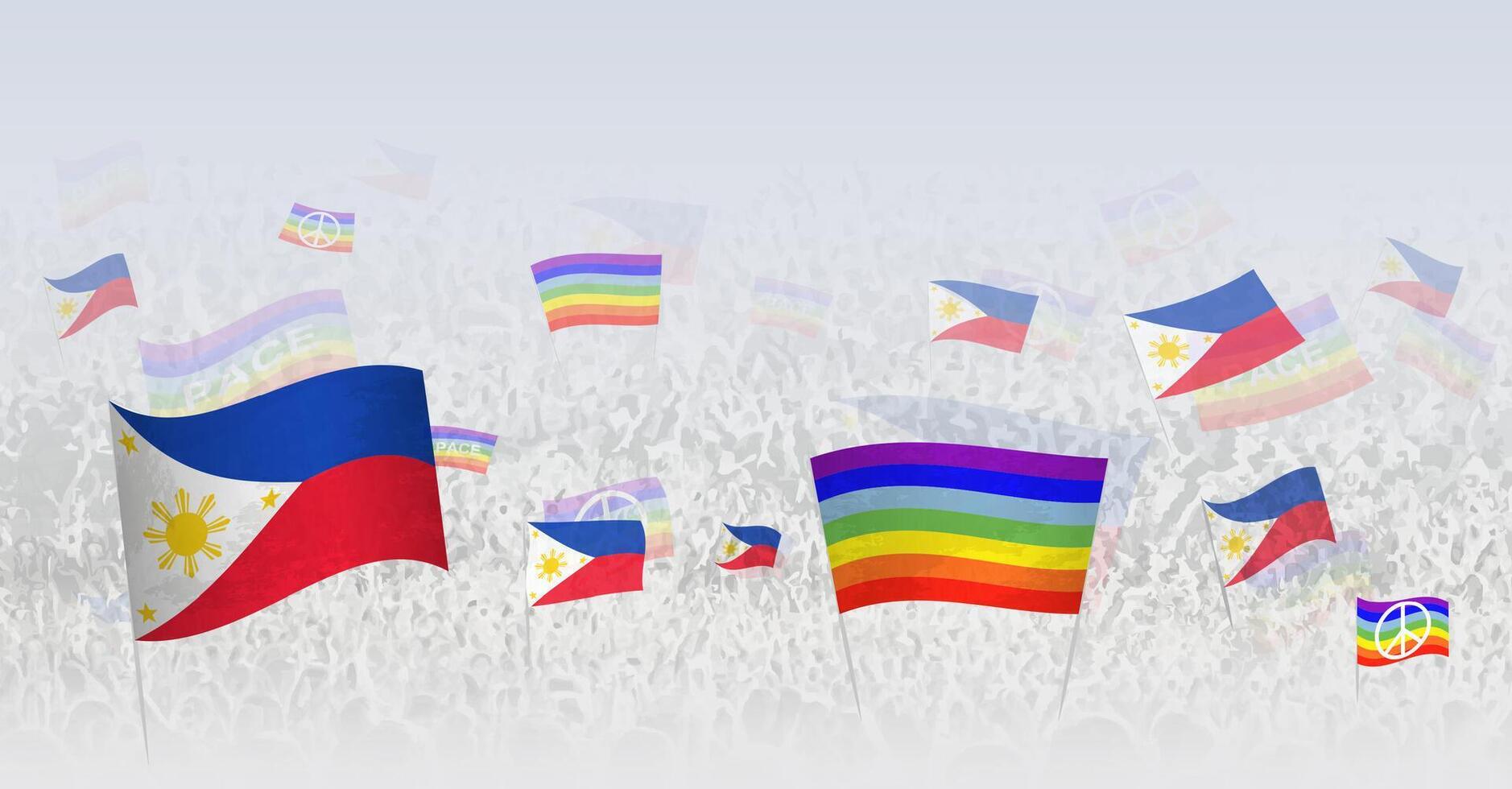 People waving Peace flags and flags of Philippines. Illustration of throng celebrating or protesting with flag of Philippines and the peace flag. vector