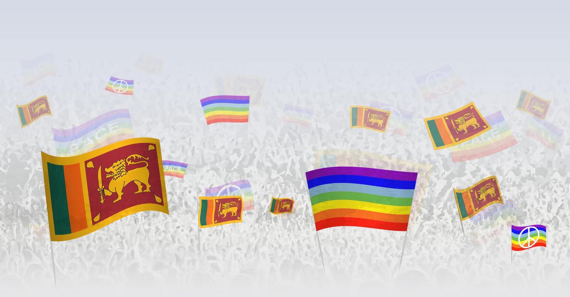 People waving Peace flags and flags of Sri Lanka. Illustration of throng celebrating or protesting with flag of Sri Lanka and the peace flag. vector