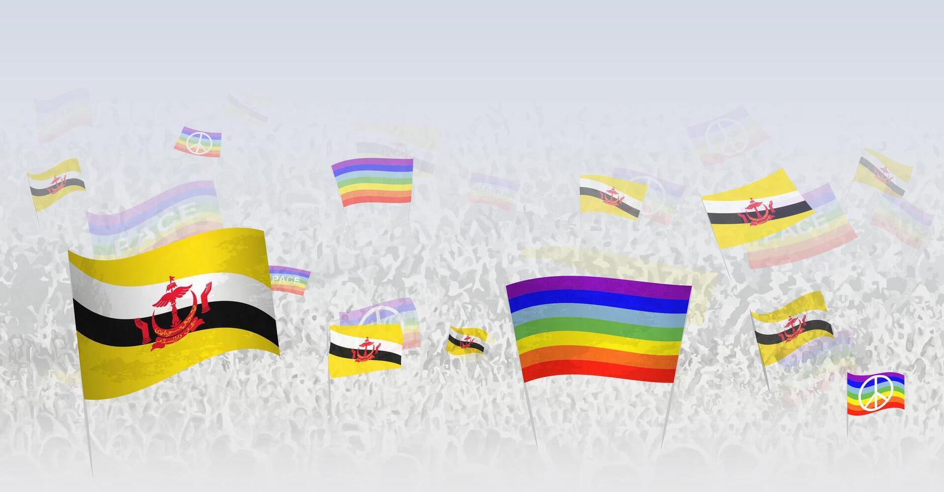 People waving Peace flags and flags of Brunei. Illustration of throng celebrating or protesting with flag of Brunei and the peace flag. vector