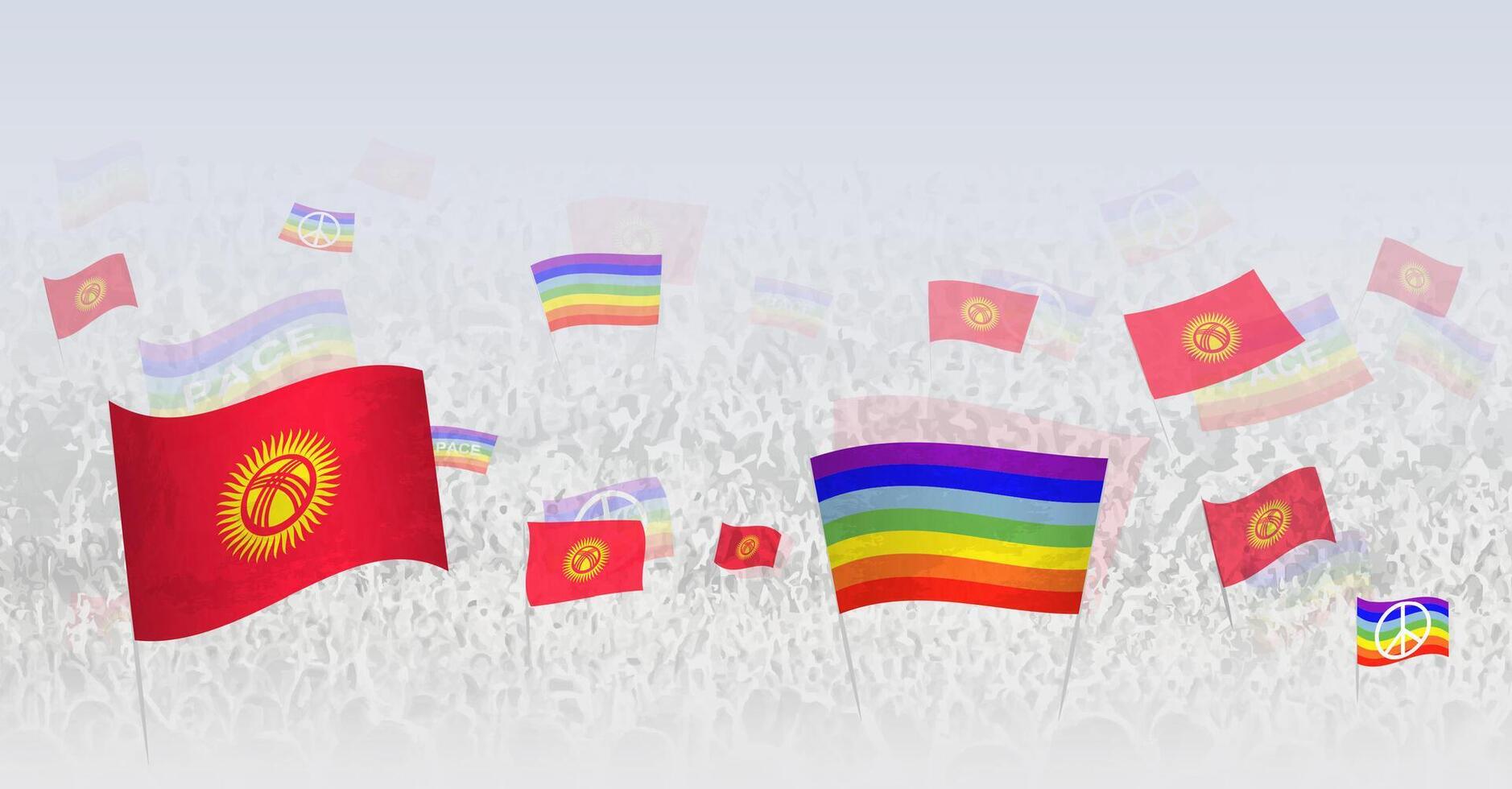 People waving Peace flags and flags of Kyrgyzstan. Illustration of throng celebrating or protesting with flag of Kyrgyzstan and the peace flag. vector