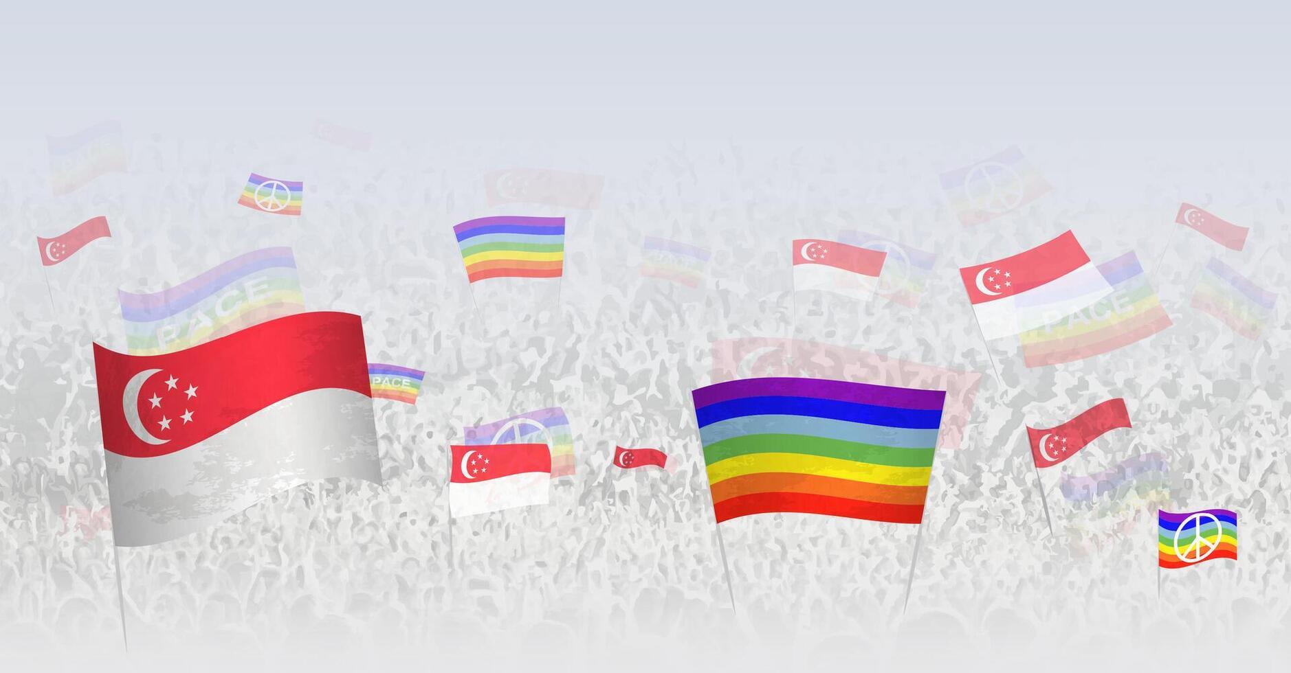 People waving Peace flags and flags of Singapore. Illustration of throng celebrating or protesting with flag of Singapore and the peace flag. vector