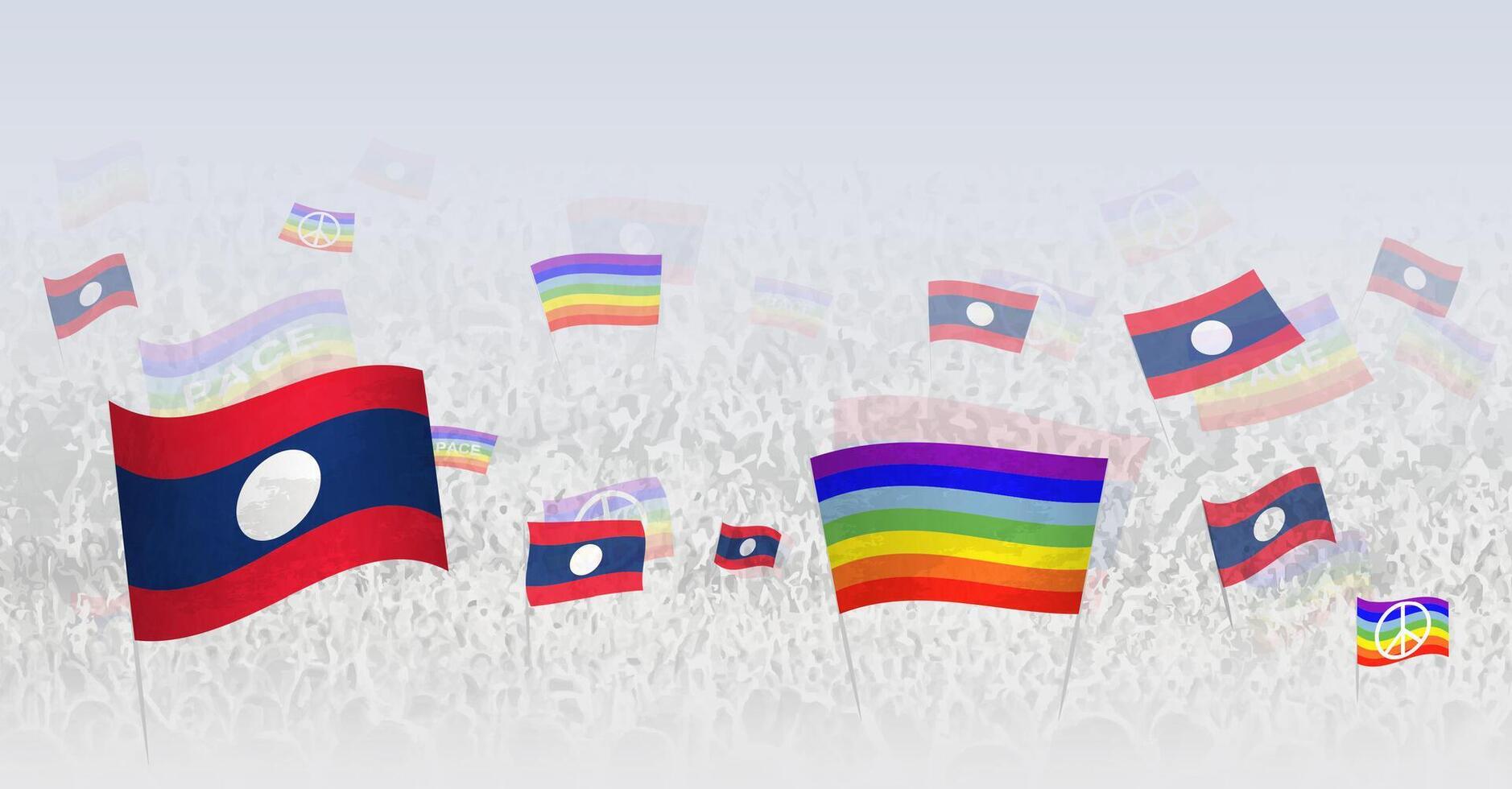 People waving Peace flags and flags of Laos. Illustration of throng celebrating or protesting with flag of Laos and the peace flag. vector