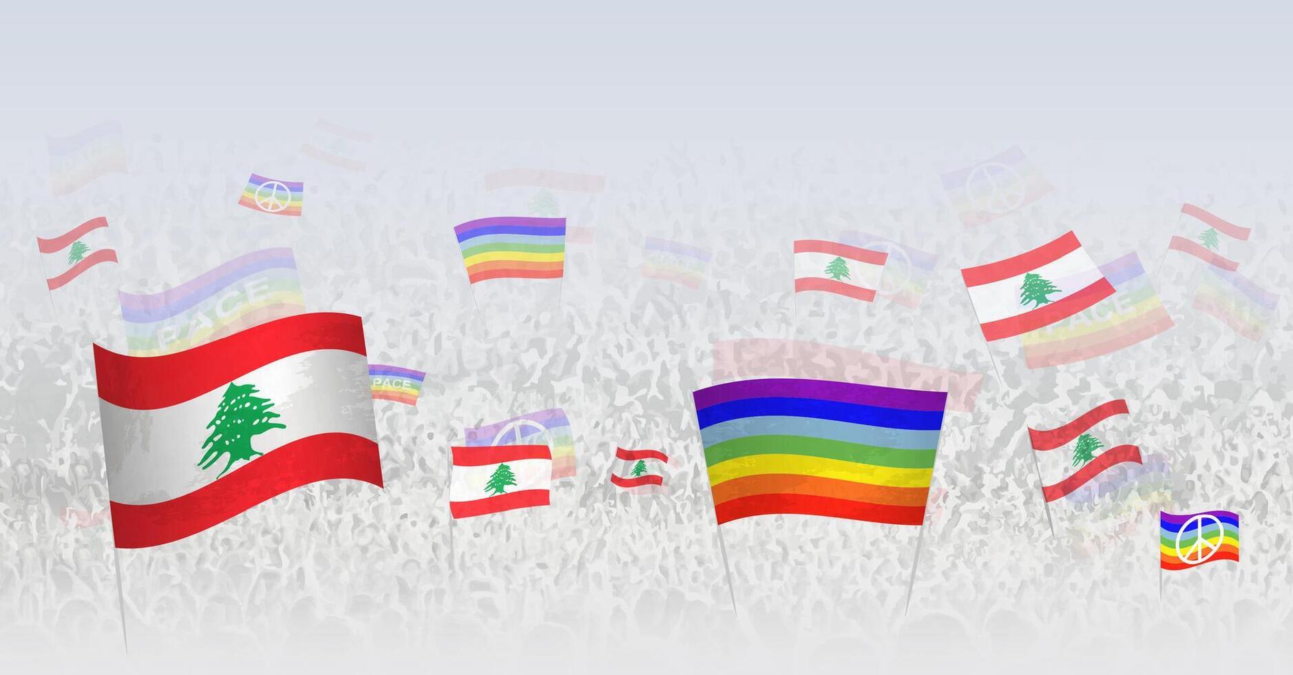 People waving Peace flags and flags of Lebanon. Illustration of throng celebrating or protesting with flag of Lebanon and the peace flag. vector