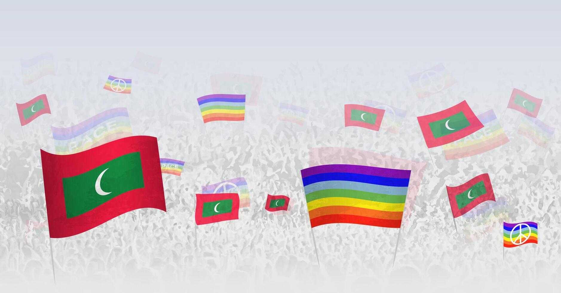 People waving Peace flags and flags of Maldives. Illustration of throng celebrating or protesting with flag of Maldives and the peace flag. vector
