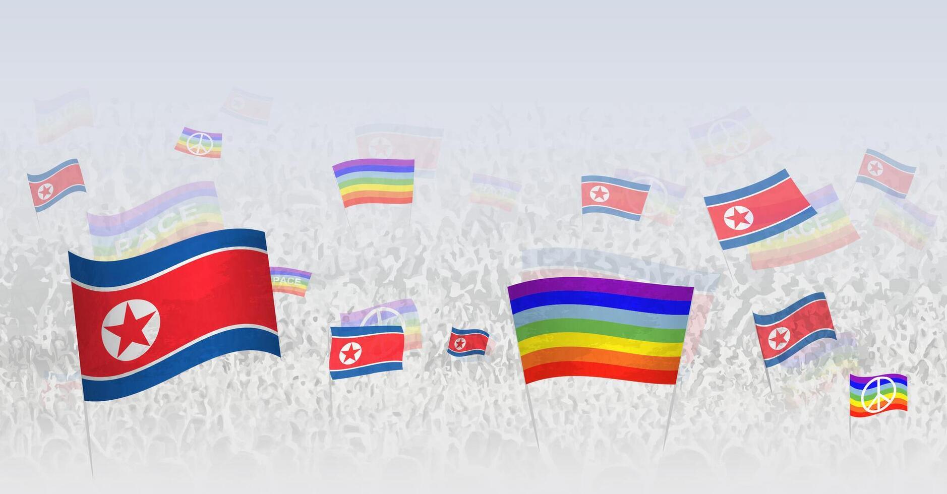 People waving Peace flags and flags of North Korea. Illustration of throng celebrating or protesting with flag of North Korea and the peace flag. vector