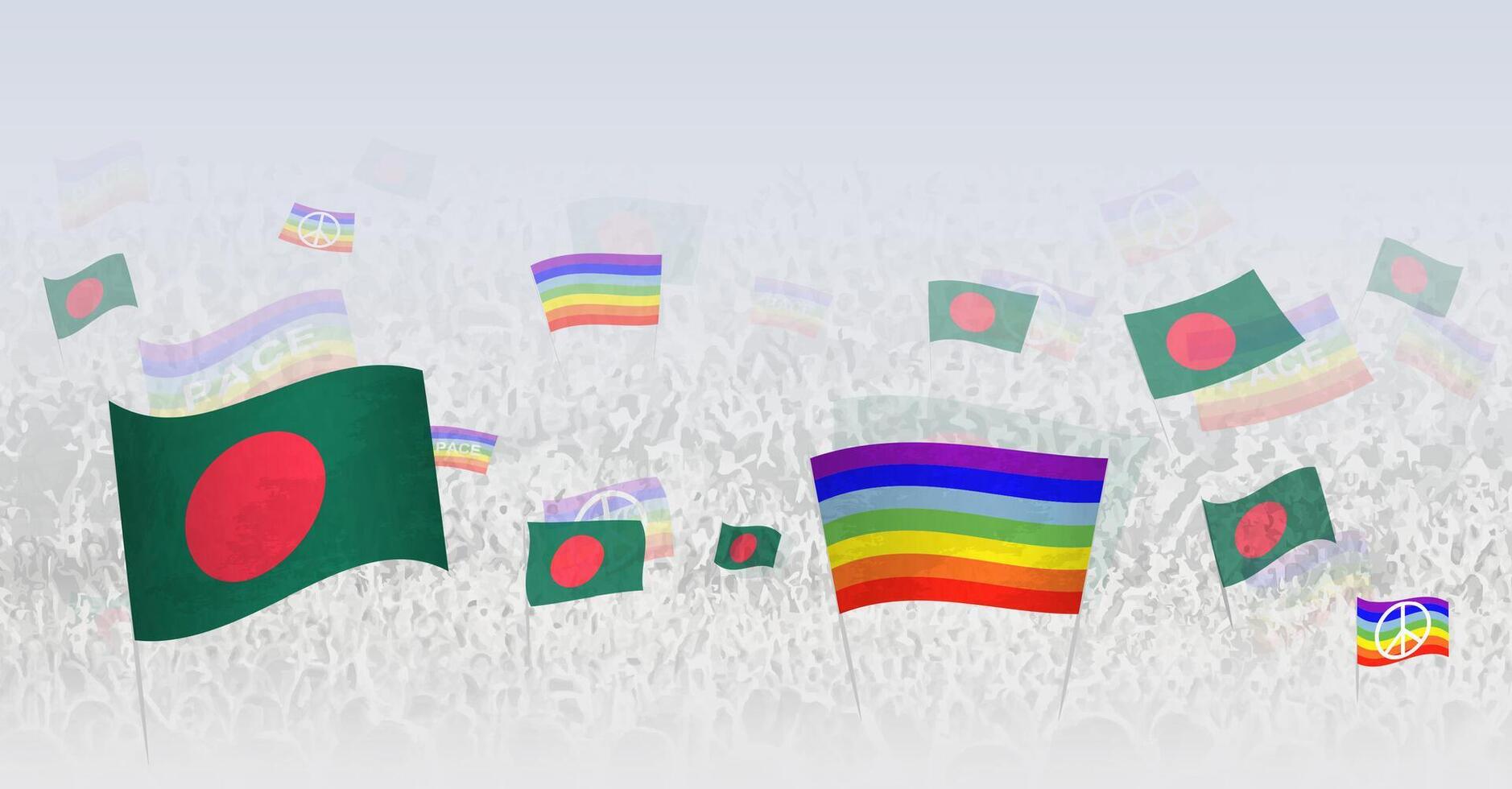 People waving Peace flags and flags of Bangladesh. Illustration of throng celebrating or protesting with flag of Bangladesh and the peace flag. vector