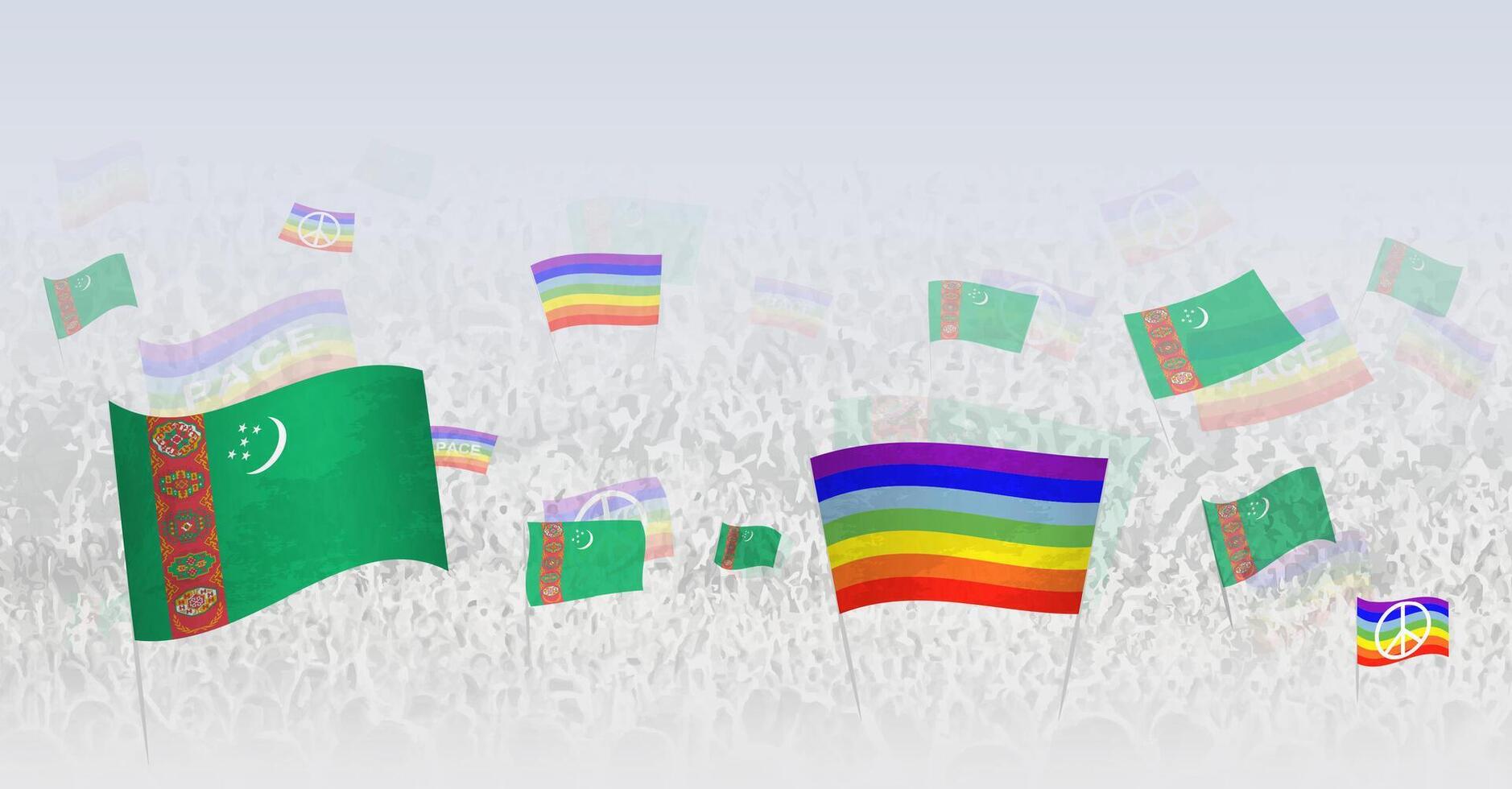 People waving Peace flags and flags of Turkmenistan. Illustration of throng celebrating or protesting with flag of Turkmenistan and the peace flag. vector