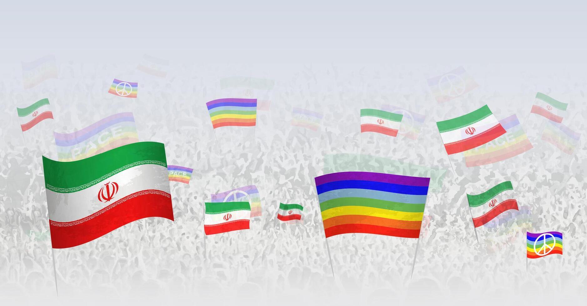 People waving Peace flags and flags of Iran. Illustration of throng celebrating or protesting with flag of Iran and the peace flag. vector
